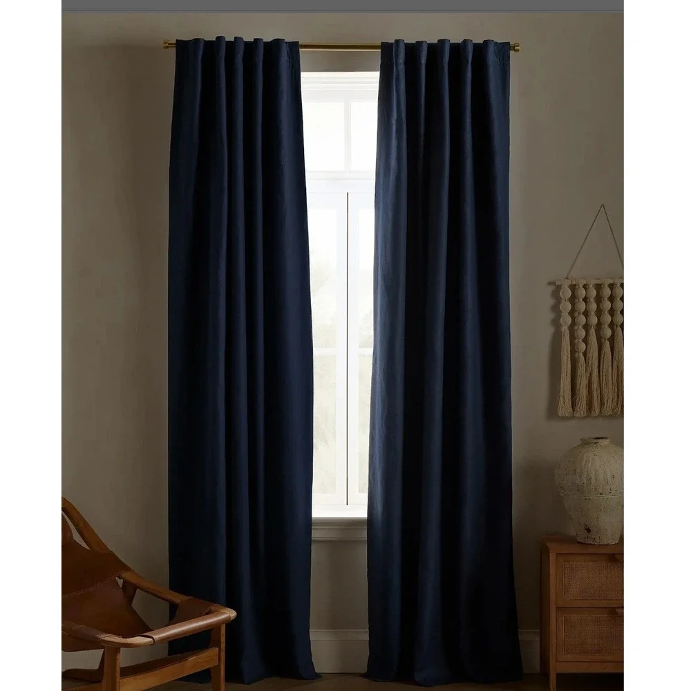 Quince European Linen True Blackout Curtain Navy Blue 96x96 Panel LB120031